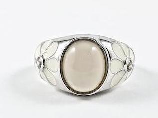 Cute Fun White Enamel Flower Design Band With Center Moon Stone Silver Ring