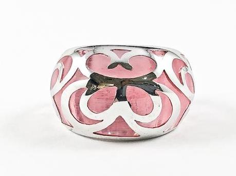 Unique Creative See Through Pink Color Crystal Filigree Pattern Silver Ring