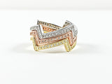 Elegant Zig Zag Shape Beautiful CZ Tri Color Set of 3 Silver Ring Set