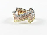 Elegant Zig Zag Shape Beautiful CZ Tri Color Set of 3 Silver Ring Set