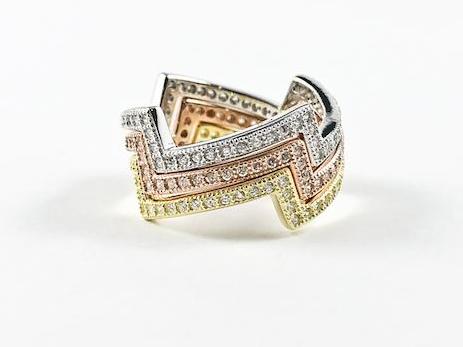 Elegant Zig Zag Shape Beautiful CZ Tri Color Set of 3 Silver Ring Set