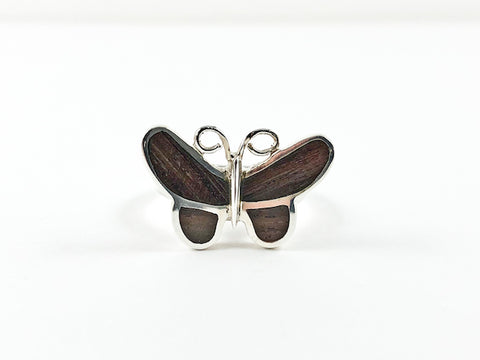 Modern Cute Wood Surface Butterfly Design Silver Ring