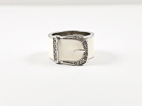 Cute Elegant Belt Buckle Design With White Enamel Band CZ Silver Ring