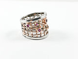 Modern Open Works Cage Design Pink Gold Tone Fuchsia CZ Silver Ring