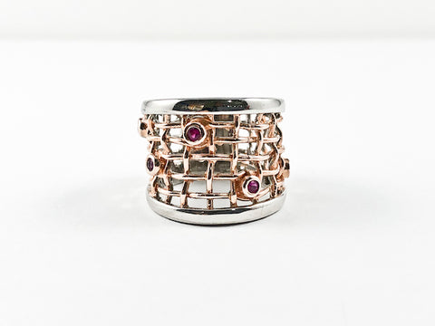 Modern Open Works Cage Design Pink Gold Tone Fuchsia CZ Silver Ring