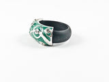 Unique Green Enamel Circular Pattern Design Rubber Band Silver Ring