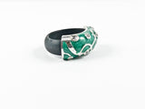 Unique Green Enamel Circular Pattern Design Rubber Band Silver Ring
