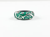 Unique Green Enamel Circular Pattern Design Rubber Band Silver Ring