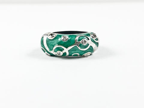 Unique Green Enamel Circular Pattern Design Rubber Band Silver Ring