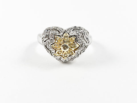 Cute Nice Layered Heart & Star Design Two Tone Silver Ring