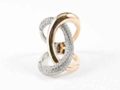 Modern Elegant Large Link Design CZ Rose Gold Silver Ring