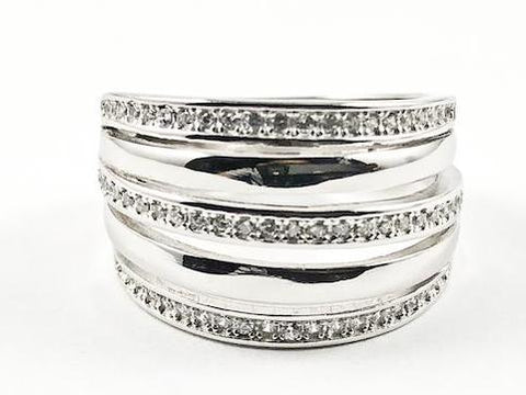 Elegant Multi Row CZ & Metallic Surface Design Pattern Silver Ring