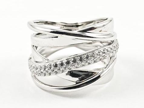 Elegant Unique Twist & Criss Cross Open Pattern CZ Silver Ring