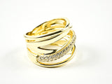 Elegant Layered Cross Pattern Gold Tone CZ Silver Ring