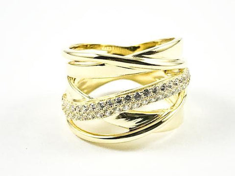 Elegant Layered Cross Pattern Gold Tone CZ Silver Ring