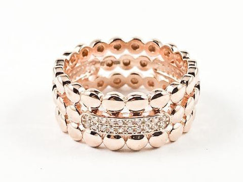 Elegant Textured Round Ball Charm CZ Eternity Pink Gold Tone Silver Band Ring