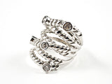 Beautiful Large Textured Multi Layer Pattern With Bezel CZ Silver Ring