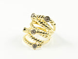 Beautiful Large Textured Multi Layer Pattern With Bezel CZ Gold Tone Silver Ring
