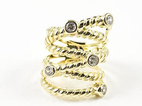Beautiful Large Textured Multi Layer Pattern With Bezel CZ Gold Tone Silver Ring