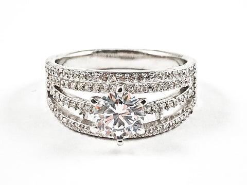 Elegant Multi Layer CZ Band With Center Round CZ Silver Ring