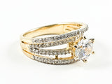 Elegant Multi Layer CZ Band With Center Round CZ Gold Tone Silver Ring