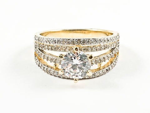 Elegant Multi Layer CZ Band With Center Round CZ Gold Tone Silver Ring