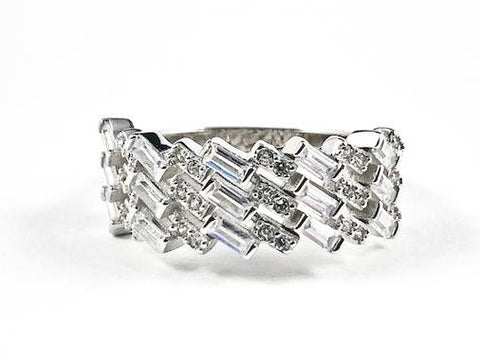 Elegant Unique Wave Slant Fine CZ Setting Pattern Silver Ring