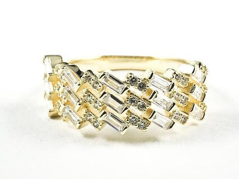 Elegant Unique Wave Slant Fine CZ Setting Pattern Gold Tone Silver Ring