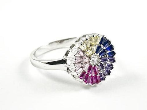 Beautiful Colorful Round Multi Color Baguette CZ Silver Ring