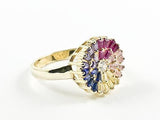 Beautiful Colorful Round Multi Color Baguette CZ Gold Tone Silver Ring