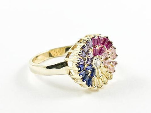 Beautiful Colorful Round Multi Color Baguette CZ Gold Tone Silver Ring