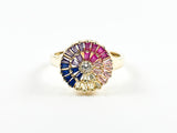 Beautiful Colorful Round Multi Color Baguette CZ Gold Tone Silver Ring