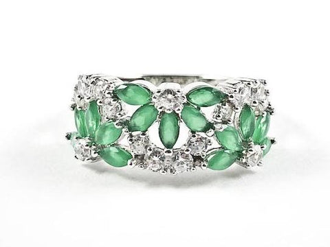 Beautiful Floral Pattern With Jade CZ Silver Ring