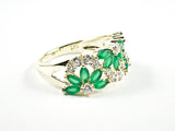 Beautiful Floral Pattern With Jade CZ Gold Tone Silver Ring