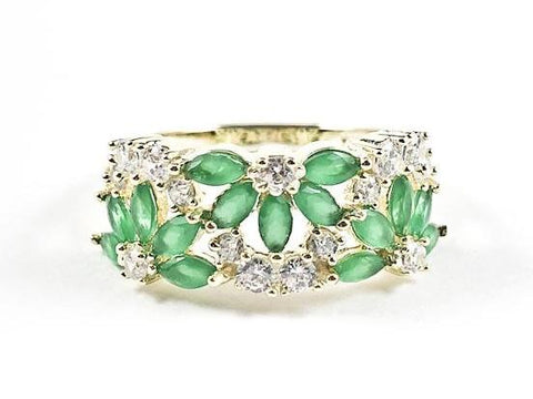 Beautiful Floral Pattern With Jade CZ Gold Tone Silver Ring