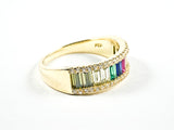 Elegant One Row Colorful Baguette CZ Gold Tone Silver Ring
