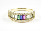 Elegant One Row Colorful Baguette CZ Gold Tone Silver Ring