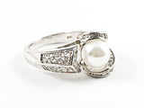 Unique Center Pearl With Geometric CZ Design Shape Silver Ring