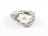 Unique Center Pearl With Geometric CZ Design Shape Silver Ring