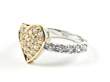 Beautiful Center Curved Gold Tone CZ Heart With CZ Side Band Silver Ring