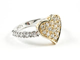 Beautiful Center Curved Gold Tone CZ Heart With CZ Side Band Silver Ring