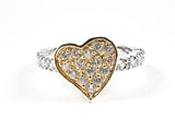 Beautiful Center Curved Gold Tone CZ Heart With CZ Side Band Silver Ring