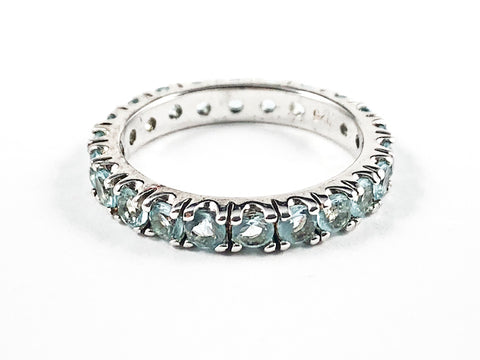 Beautiful Round Shape Aquamarine Color CZ Eternity Silver Band Ring
