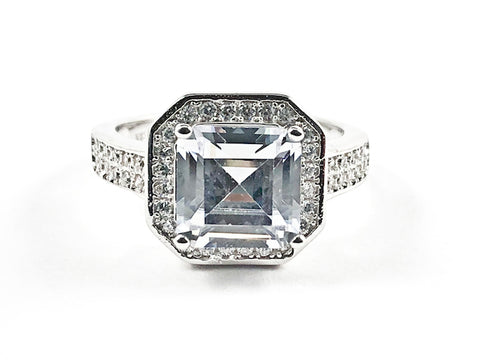 Beautiful Square Shape Layered Halo Center CZ With Elegant CZ Sides Silver Ring