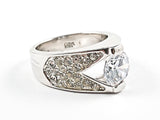 Elegant Triangle Form With Center Round CZ Micro Setting CZ Sides Silver Ring