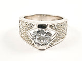 Elegant Triangle Form With Center Round CZ Micro Setting CZ Sides Silver Ring