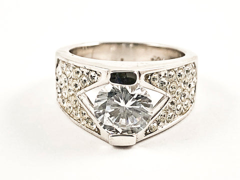 Elegant Triangle Form With Center Round CZ Micro Setting CZ Sides Silver Ring