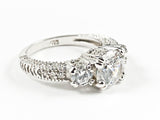Classic Textured CZ Sides Round Center CZ Silver Ring