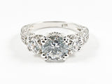 Classic Textured CZ Sides Round Center CZ Silver Ring
