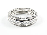Beautiful Textured Top Bottom Middle CZ Row Silver Tone Silver Band Ring